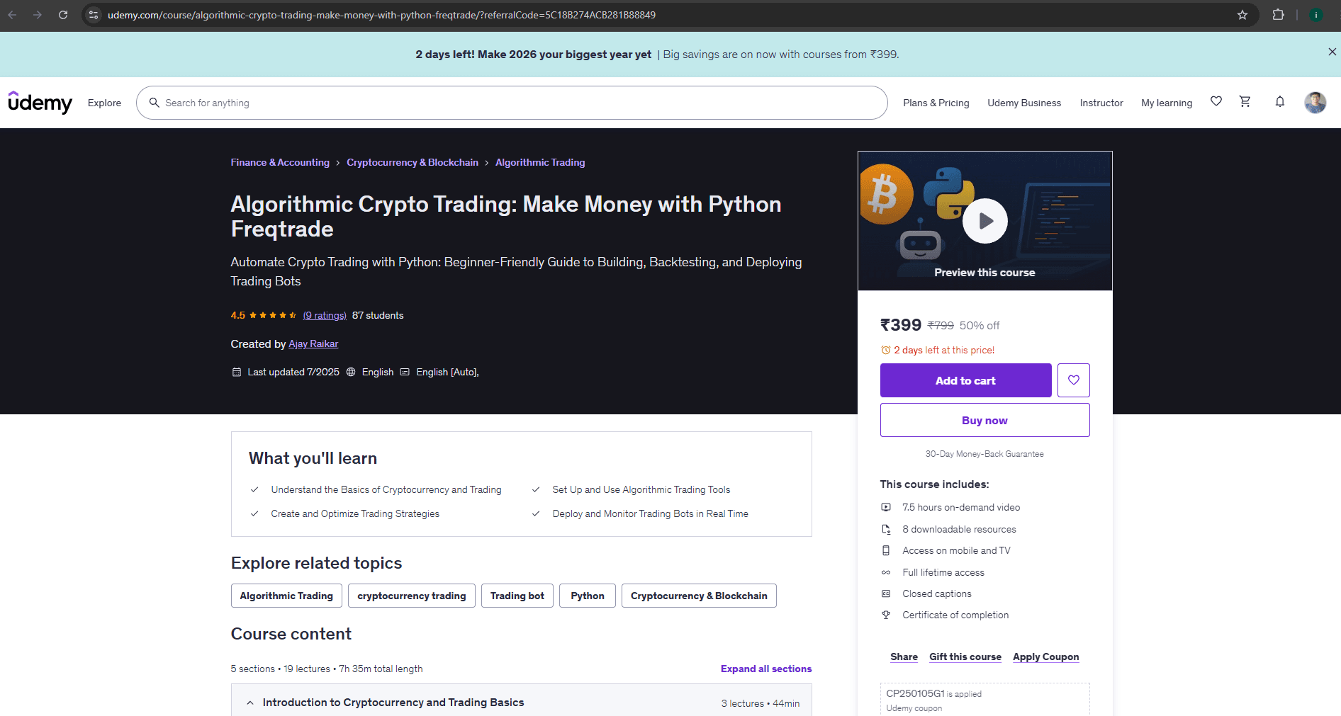 Algorithmic Crypto Trading Course